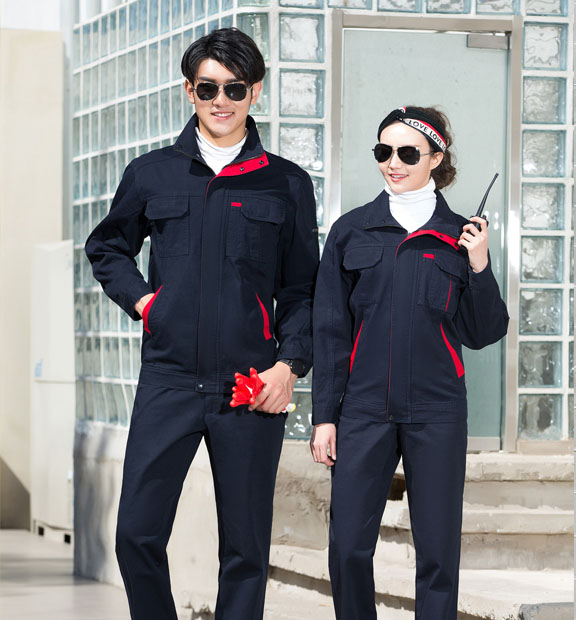春秋季節(jié)藏藍(lán)色男女同款翻領(lǐng)長袖全棉工作服套裝-SYC339#