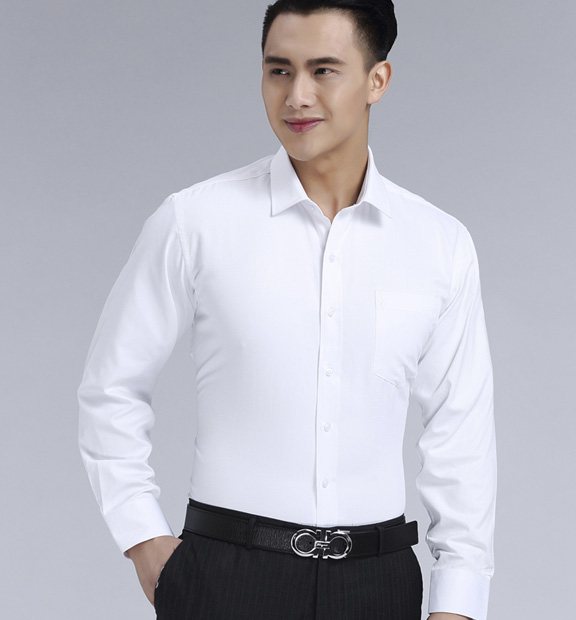 白色男款滌棉翻領長袖修身襯衫-0501#