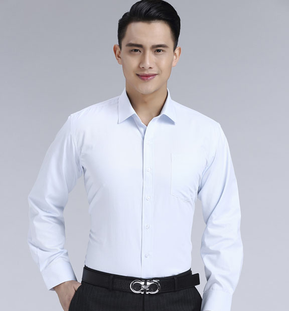 淺藍(lán)色斜紋男款滌棉翻領(lǐng)長袖修身襯衫-1383#