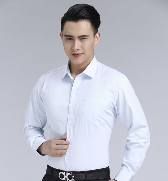 淺藍(lán)色斜紋男款滌棉翻領(lǐng)長袖修身襯衫-1383#