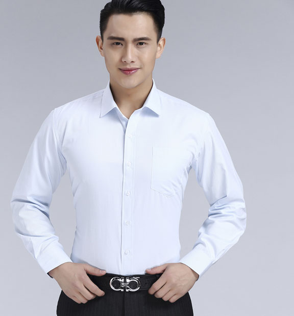 淺藍(lán)色斜紋男款滌棉翻領(lǐng)長袖修身襯衫-1383#