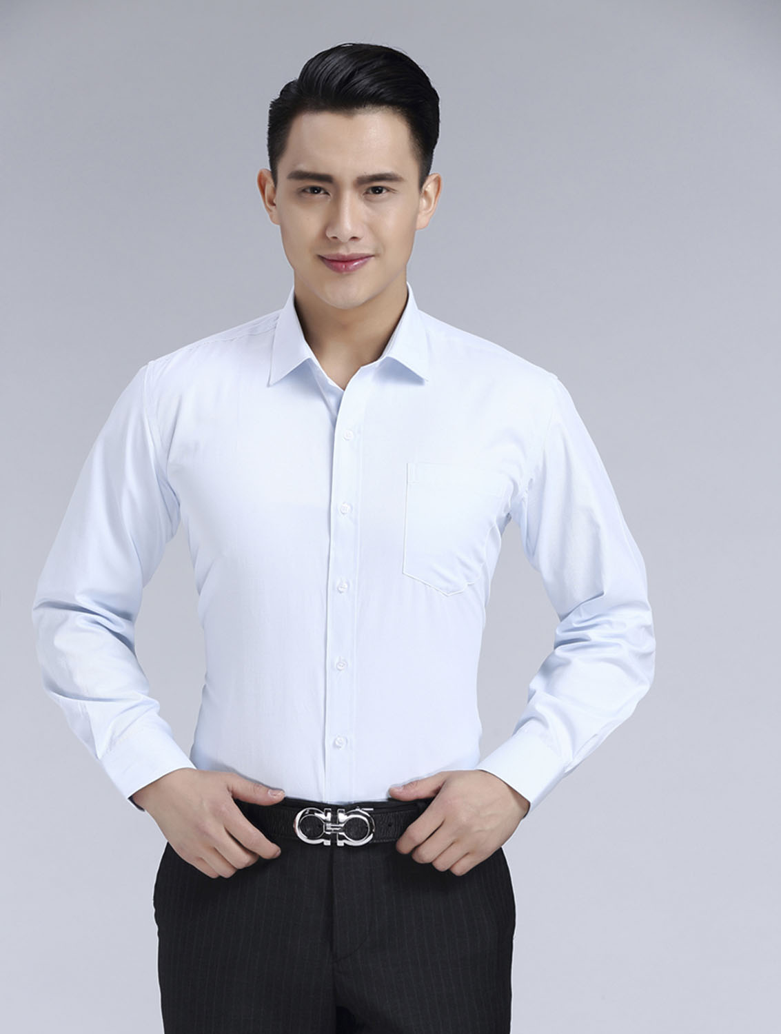 淺藍(lán)色斜紋男款滌棉翻領(lǐng)長袖修身襯衫-1383#