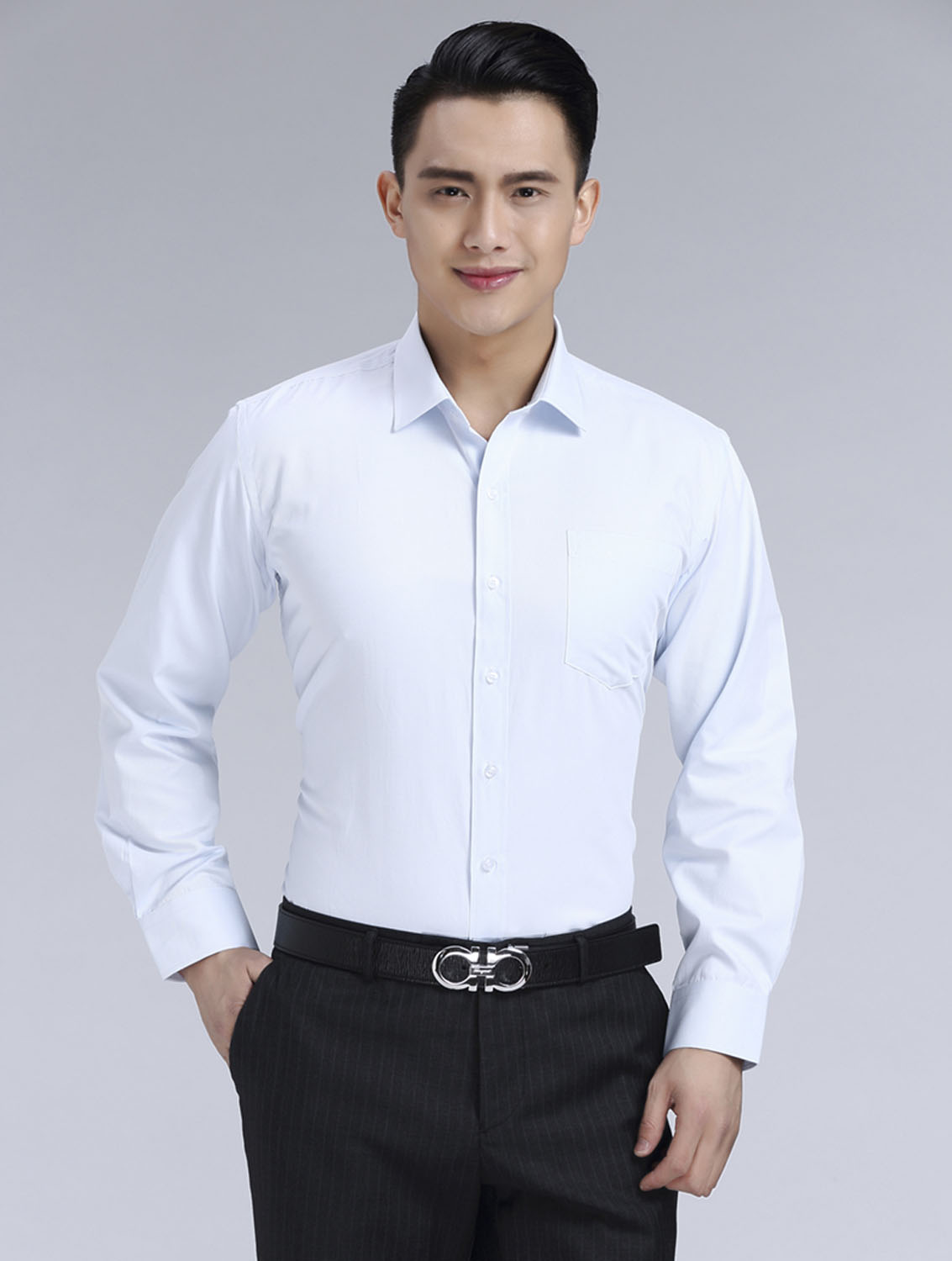 淺藍(lán)色斜紋男款滌棉翻領(lǐng)長袖修身襯衫-1383#
