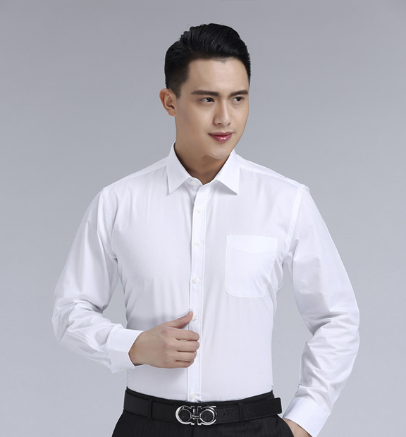 白色斜紋男款滌棉翻領(lǐng)長袖修身襯衫-CVC021#