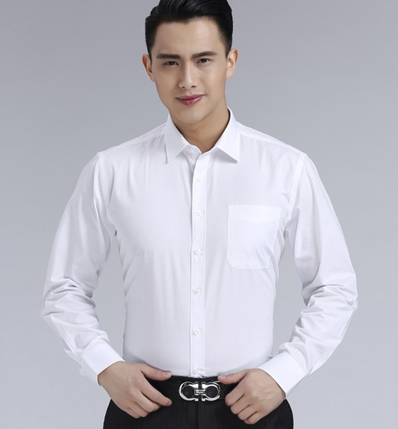 白色斜紋男款滌棉翻領(lǐng)長袖修身襯衫-CVC021#