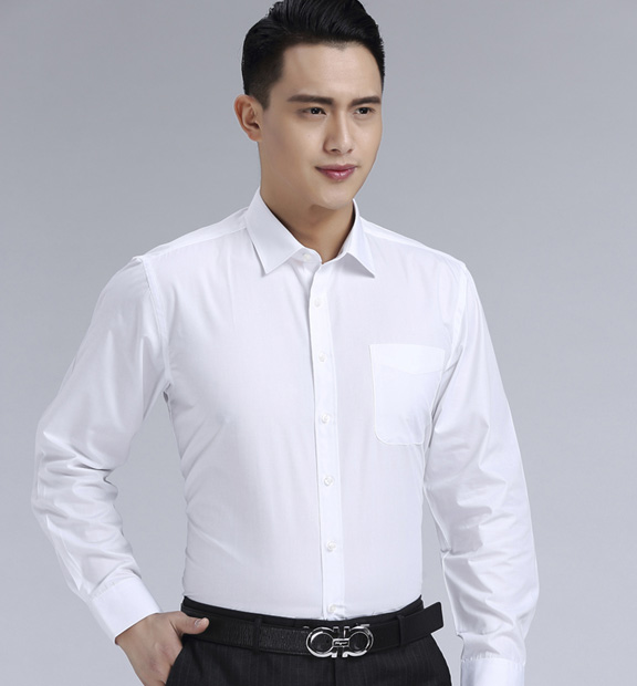 白色斜紋男款滌棉翻領(lǐng)長袖修身襯衫-CVC021#