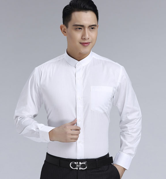 白色男款滌棉立領(lǐng)長袖修身襯衫-BL0071#