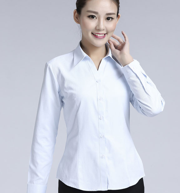 白色豎紋女款滌棉翻領(lǐng)長袖修身襯衫-1491#