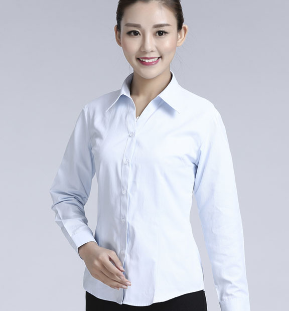 白色豎紋女款滌棉翻領(lǐng)長袖修身襯衫-1491#