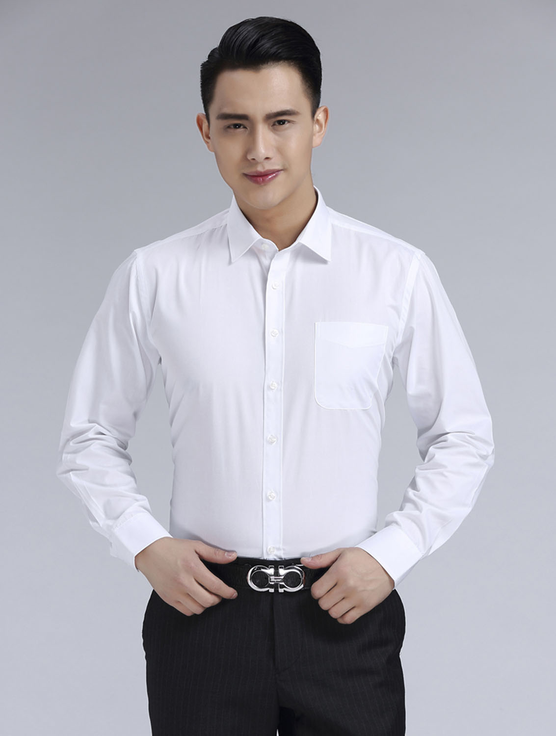 白色斜紋男款滌棉翻領(lǐng)長袖修身襯衫-CVC021#