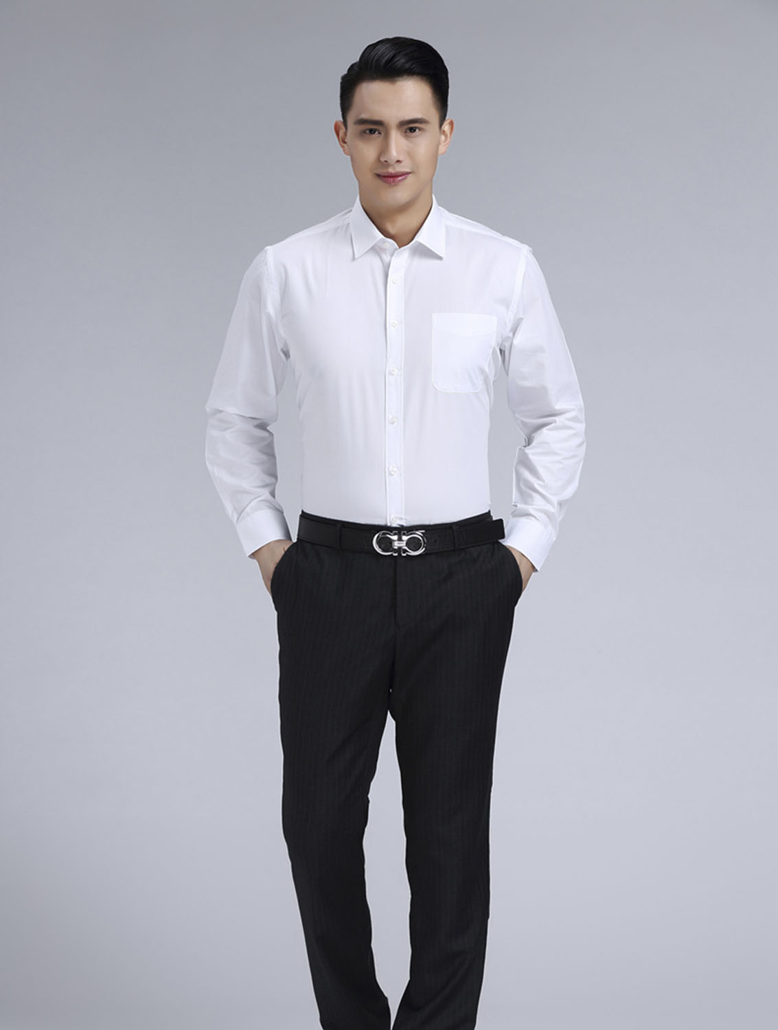 白色斜紋男款滌棉翻領(lǐng)長袖修身襯衫-CVC021#