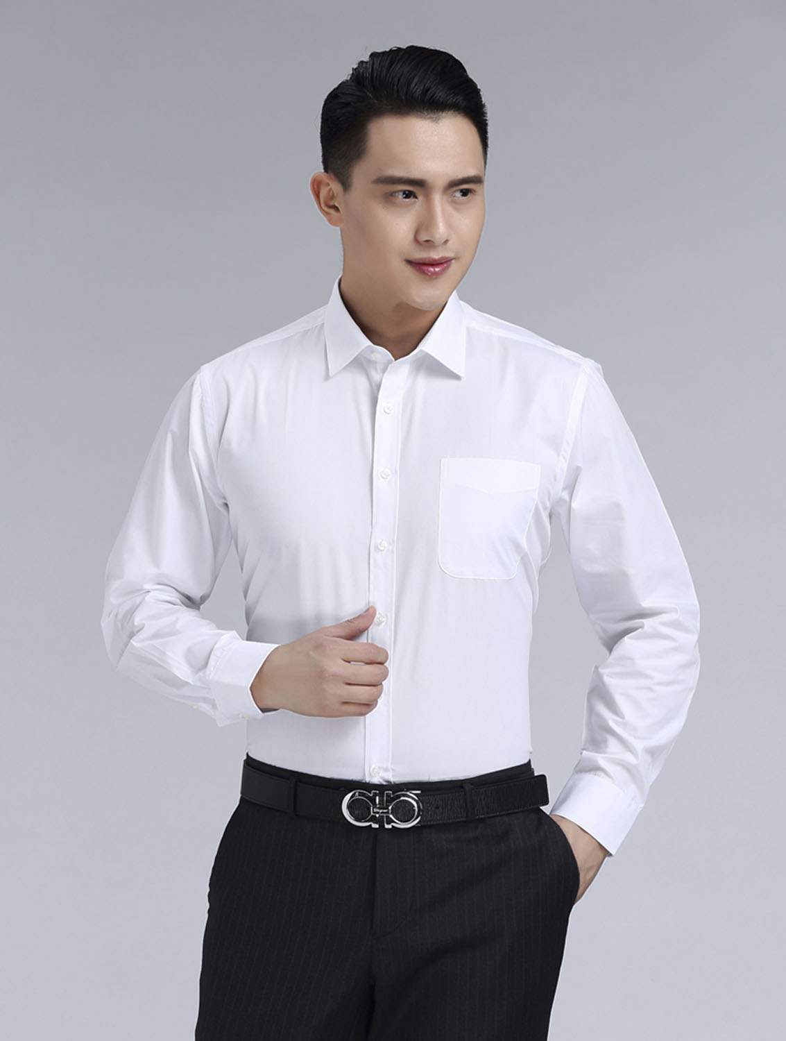 白色斜紋男款滌棉翻領(lǐng)長袖修身襯衫-CVC021#