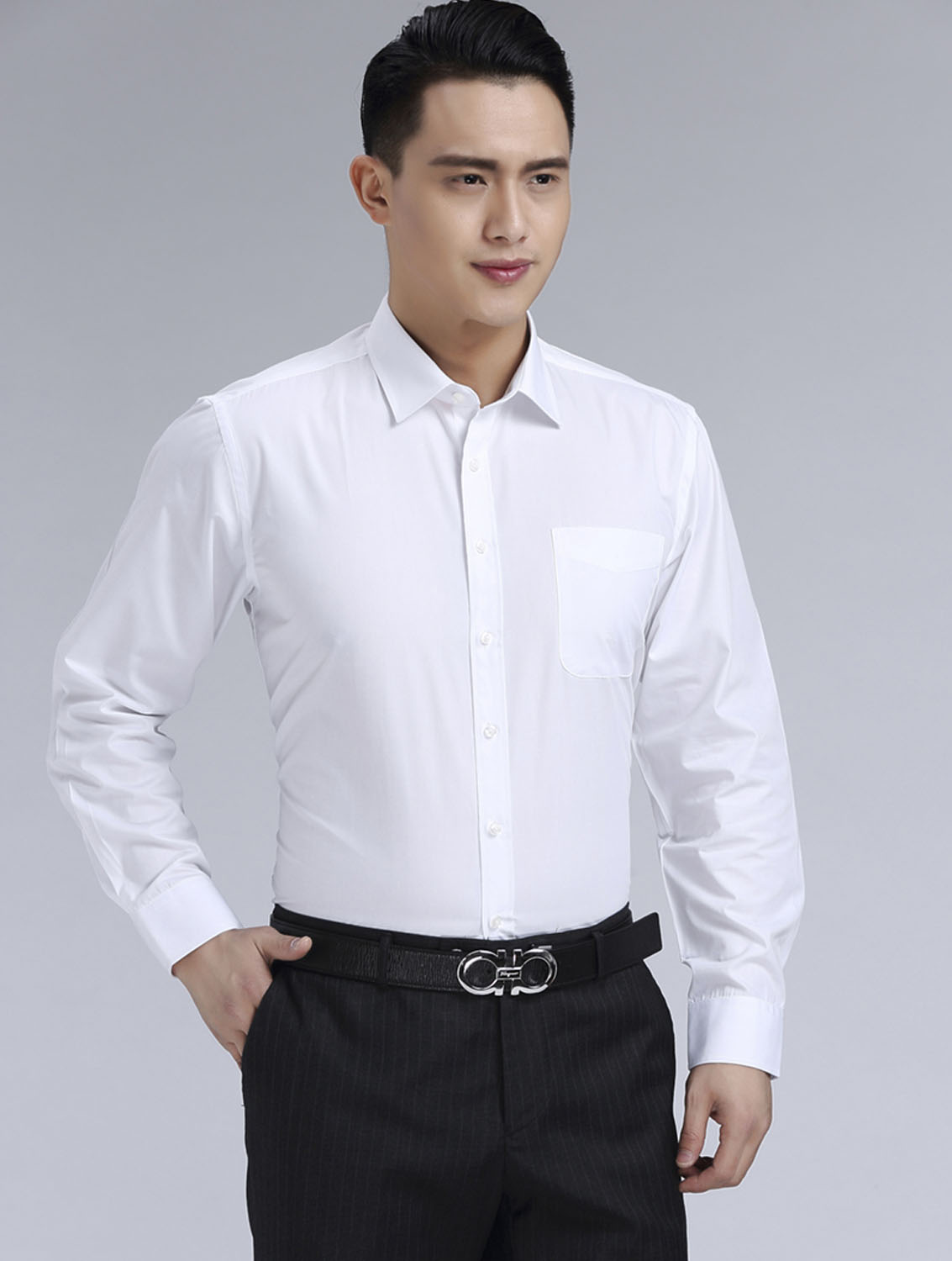 白色斜紋男款滌棉翻領(lǐng)長袖修身襯衫-CVC021#