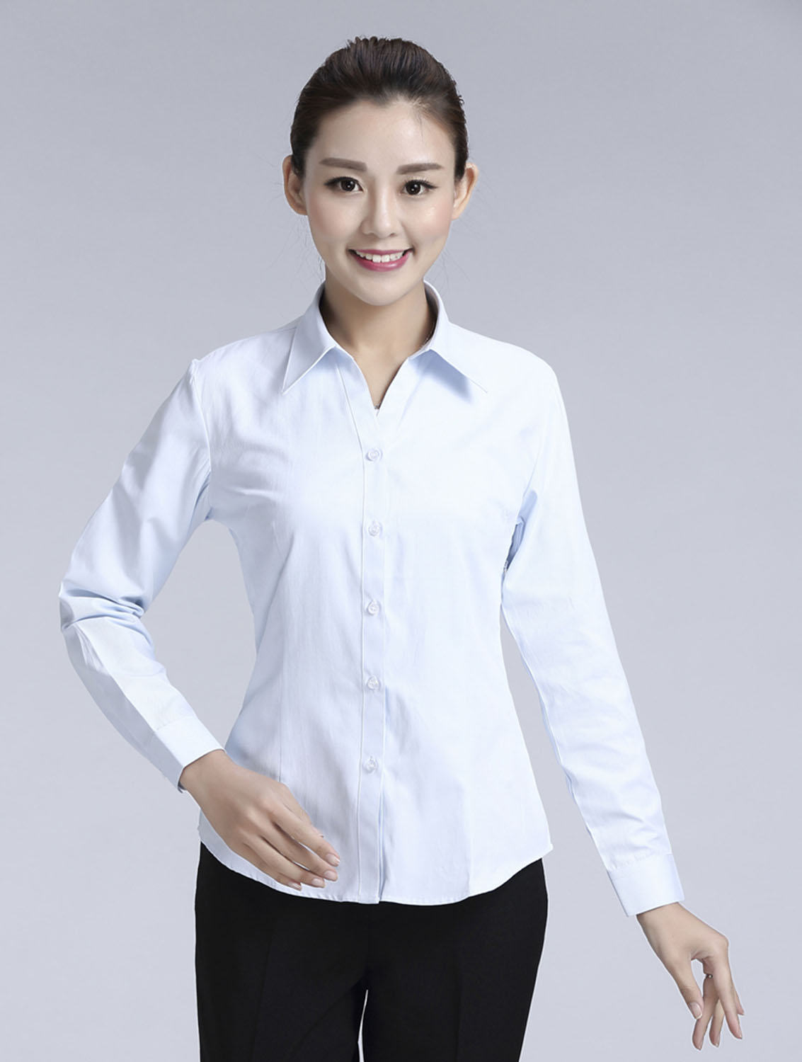 白色豎紋女款滌棉翻領(lǐng)長袖修身襯衫-1491#