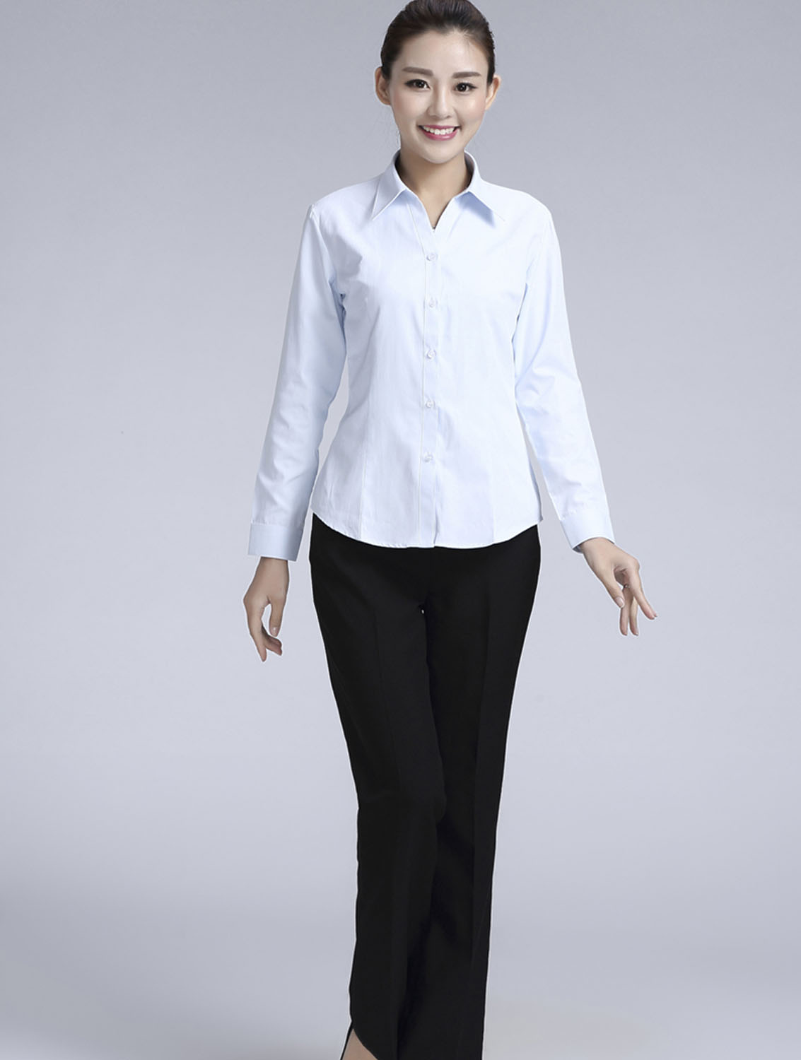 白色豎紋女款滌棉翻領(lǐng)長袖修身襯衫-1491#