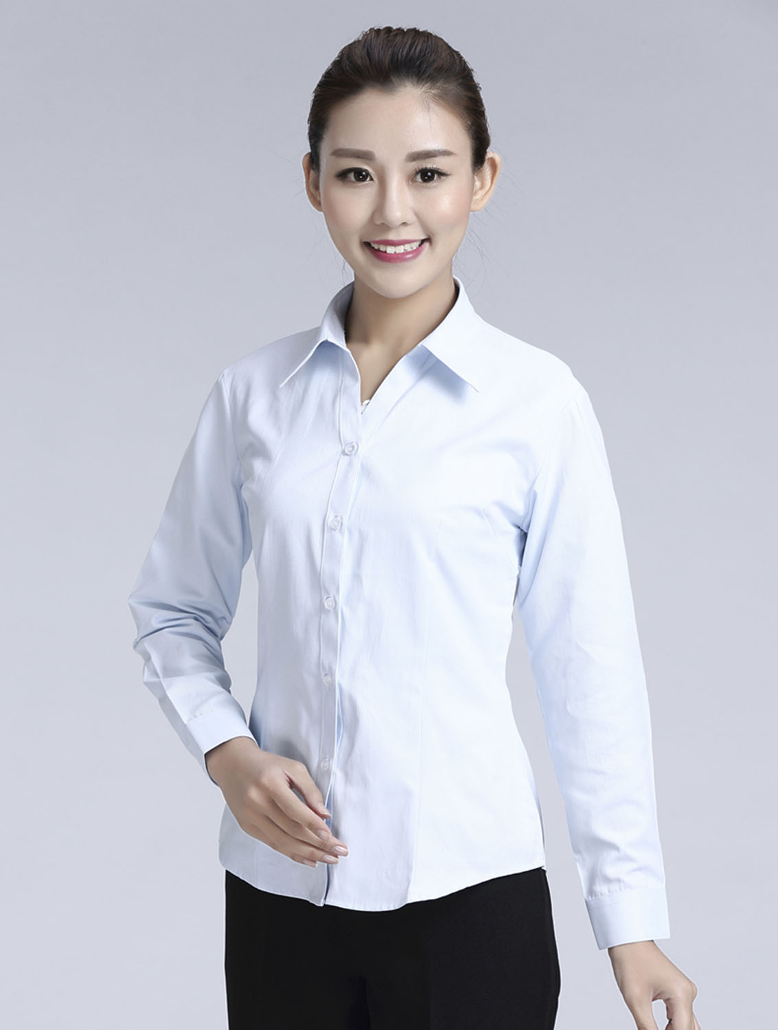 白色豎紋女款滌棉翻領(lǐng)長袖修身襯衫-1491#