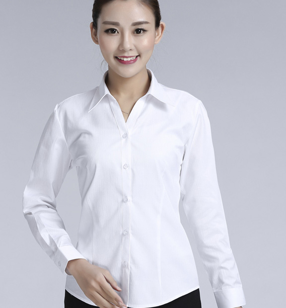 白色條紋女款滌棉翻領(lǐng)長(zhǎng)袖修身襯衫-614#