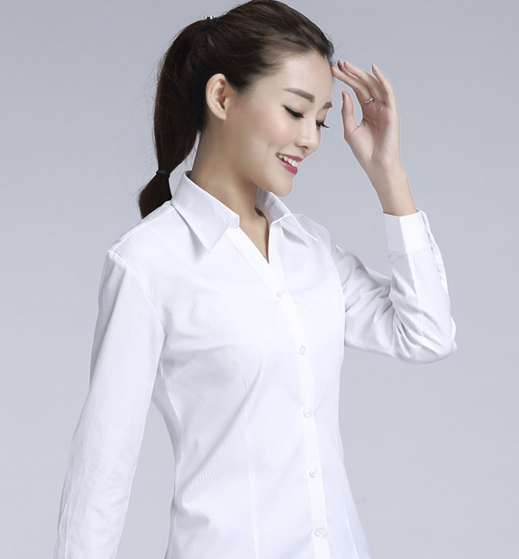 白色條紋女款滌棉翻領(lǐng)長(zhǎng)袖修身襯衫-614#