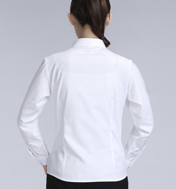 白色條紋女款滌棉翻領(lǐng)長(zhǎng)袖修身襯衫-614#