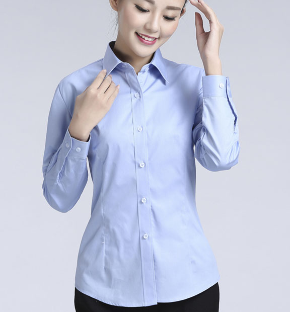 藍(lán)色女款滌棉翻領(lǐng)長(zhǎng)袖正裝修身襯衫-617#