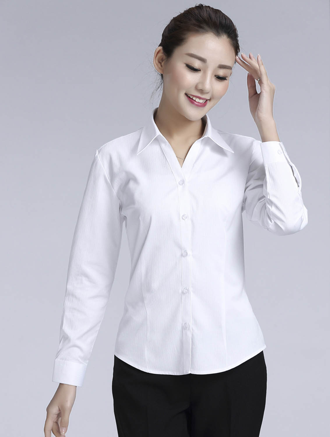 白色條紋女款滌棉翻領(lǐng)長(zhǎng)袖修身襯衫-614#