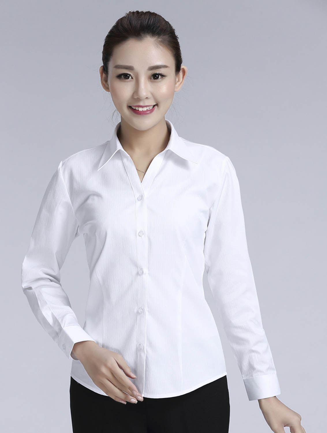 白色條紋女款滌棉翻領(lǐng)長(zhǎng)袖修身襯衫-614#