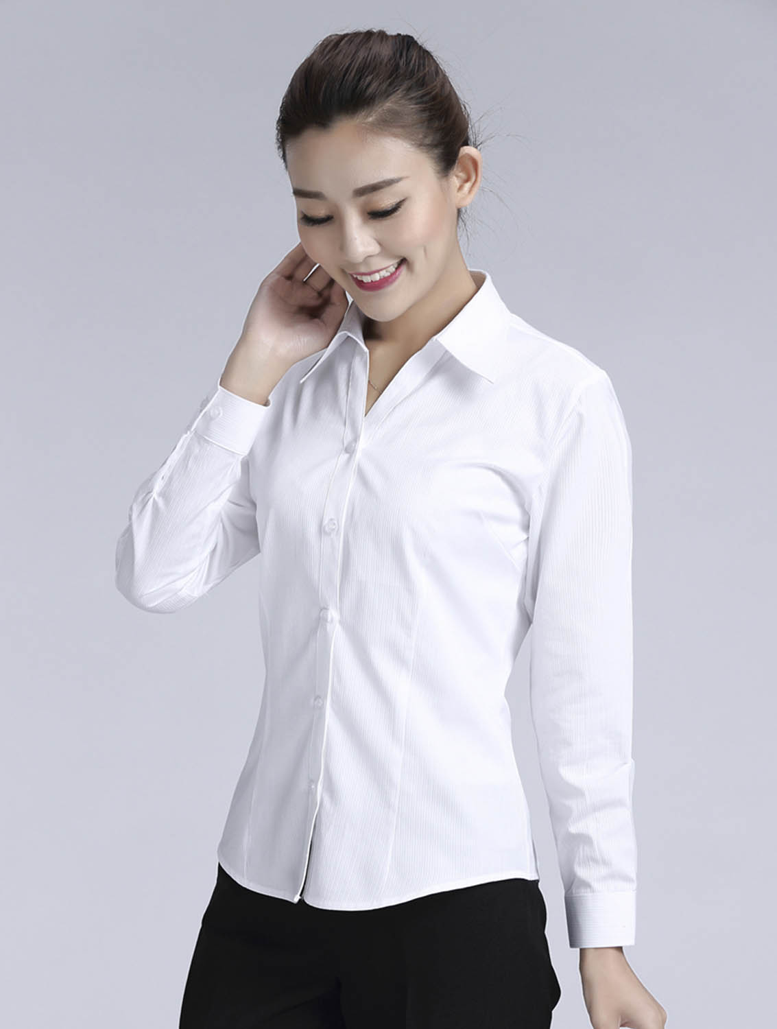 白色條紋女款滌棉翻領(lǐng)長(zhǎng)袖修身襯衫-614#