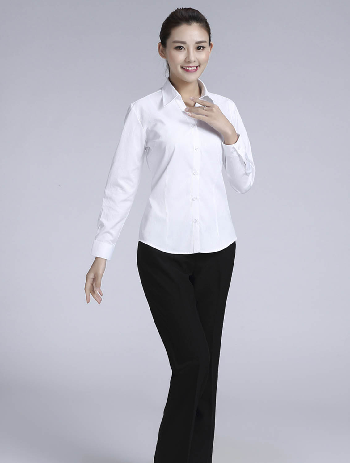 白色條紋女款滌棉翻領(lǐng)長(zhǎng)袖修身襯衫-614#