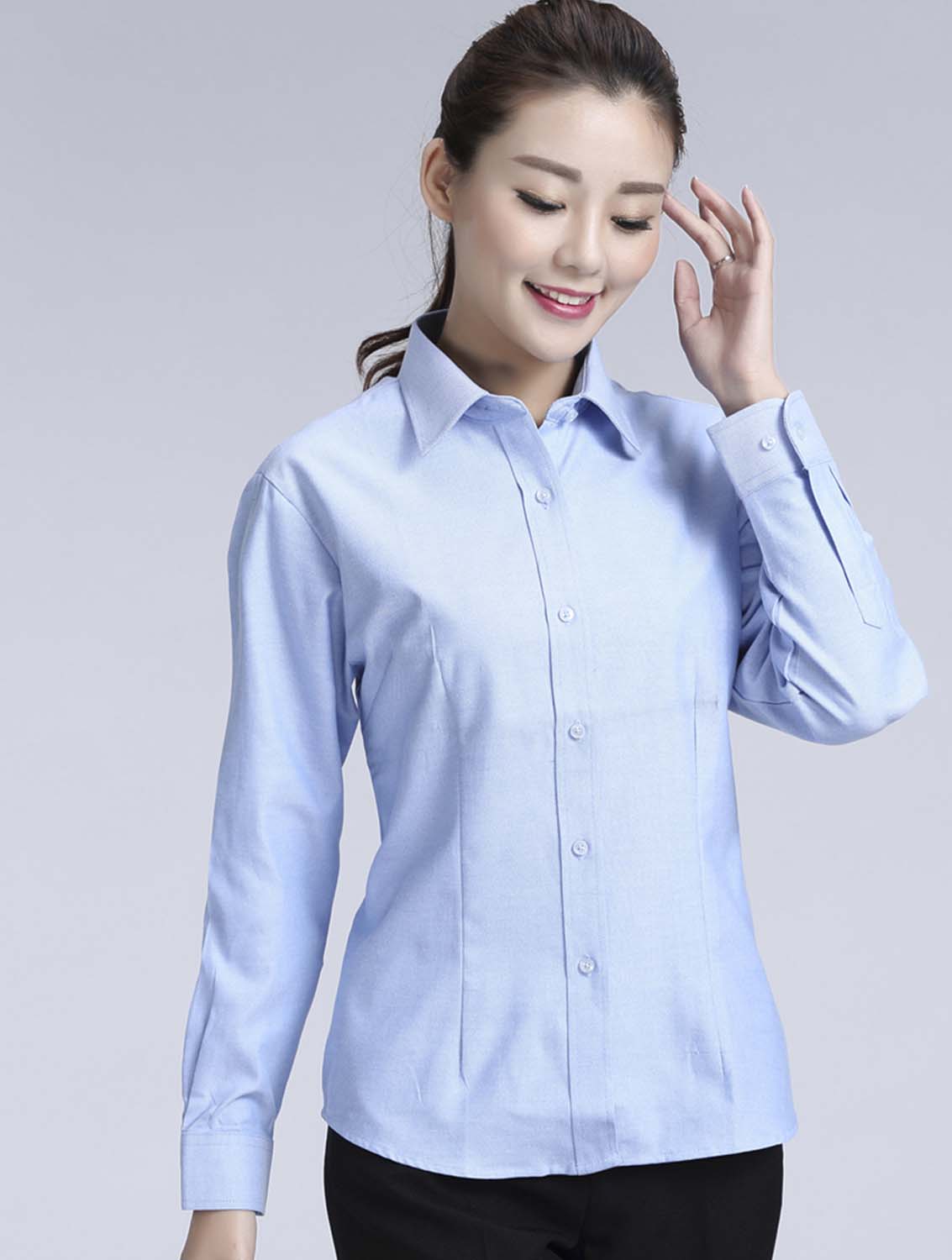 藍(lán)色女款牛津紡?fù)笟夥I(lǐng)長袖修身襯衫-615#