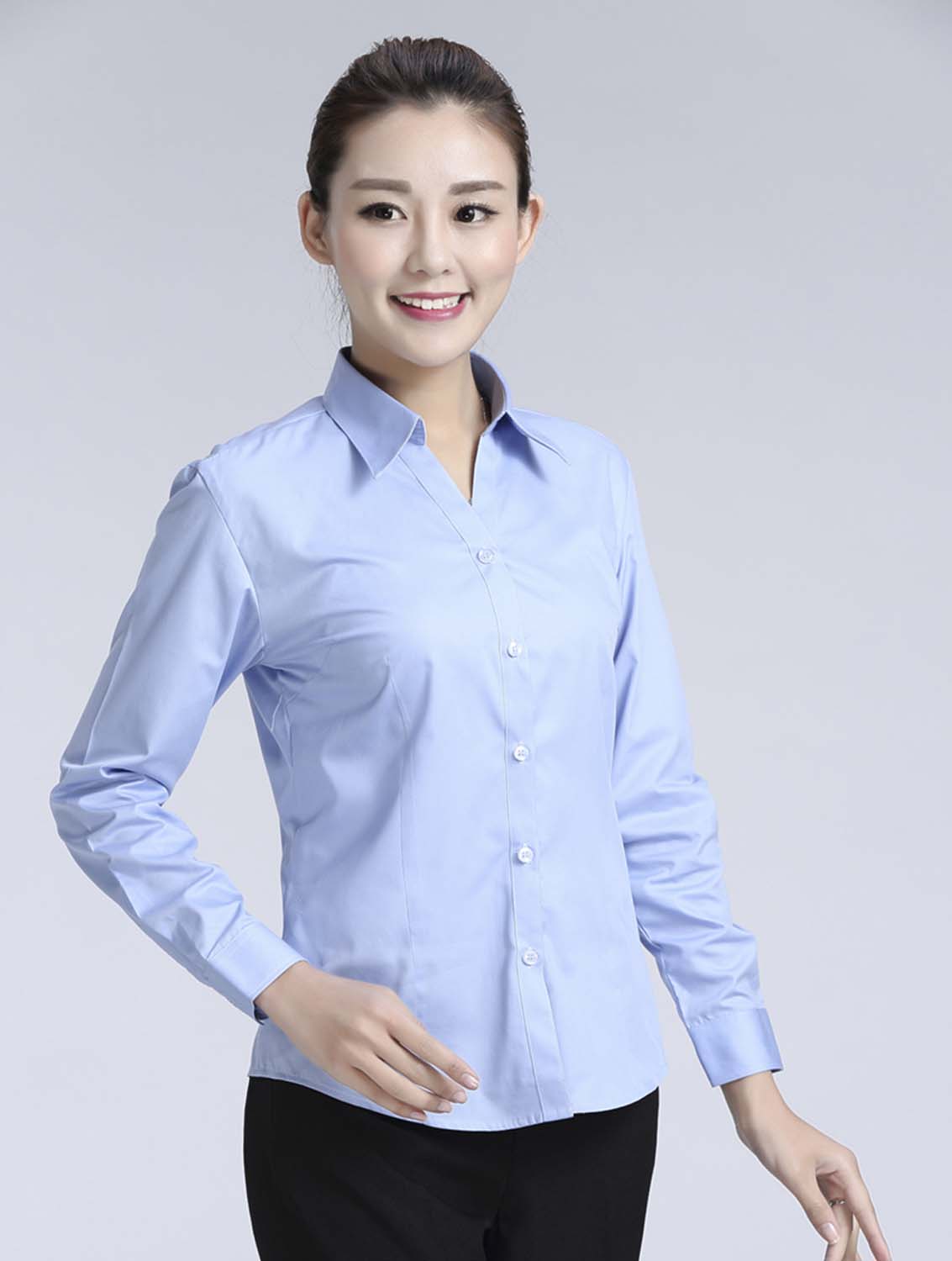 藍(lán)色女款滌棉翻領(lǐng)長(zhǎng)袖修身襯衫-616#