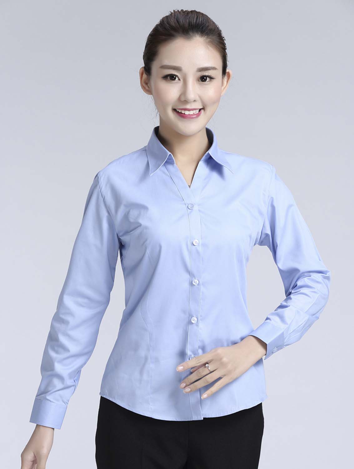 藍(lán)色女款滌棉翻領(lǐng)長(zhǎng)袖修身襯衫-616#
